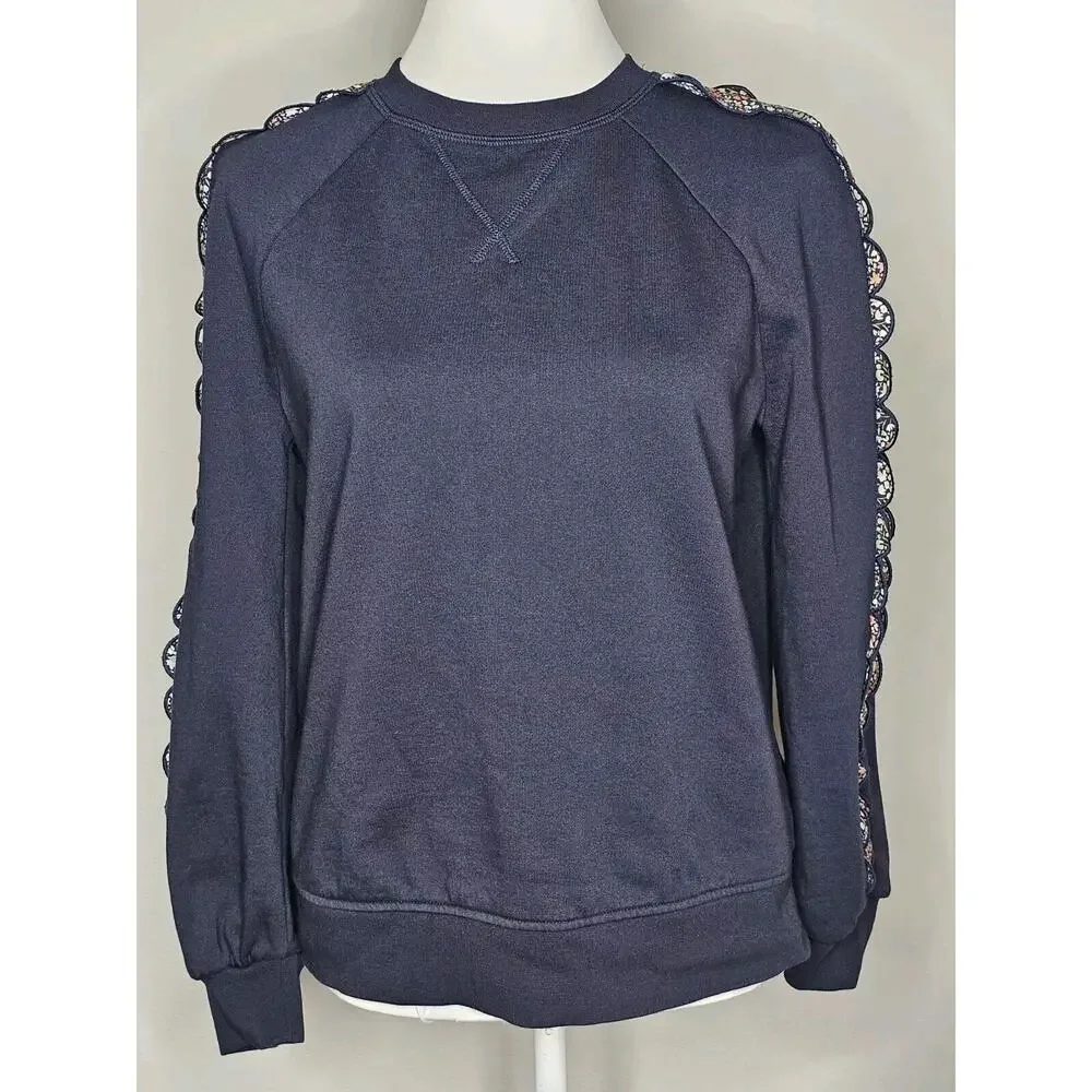 Boden Navy Women’s Sweatshirt Ruffle Sleeves Floral Design - Size 6 - Picture 1 of 13